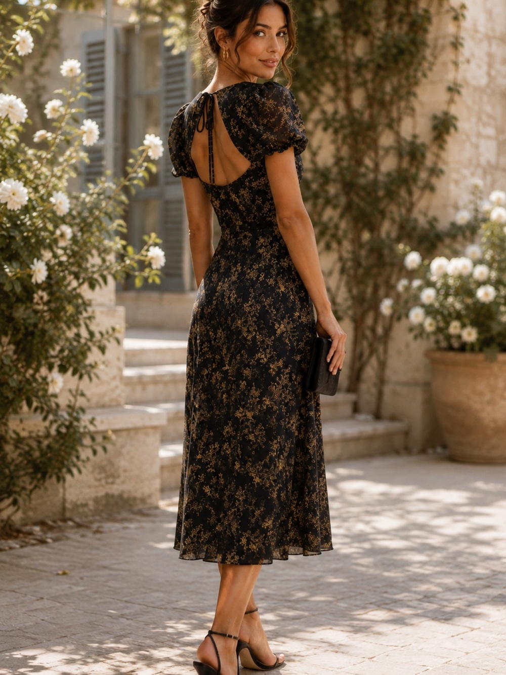 Park & Fifth Black Gold Toile Puff Sleeve Maxi Dress S